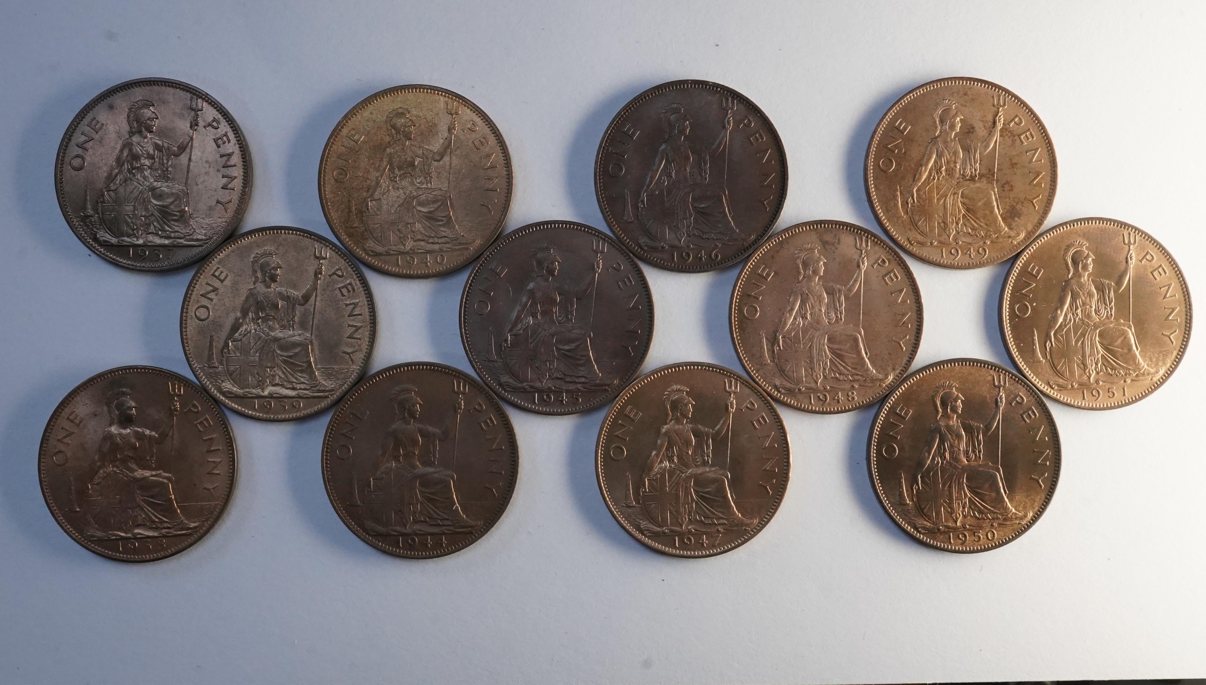John Hill Collection., British coins, George VI and Elizabeth II, a date set of pre-decimal bronze pennies (1937-1967), S. 4114, S. 4154 and S. 4157, excludes 1941-43 and 1954-60, ranging from EF to UNC, many with full l